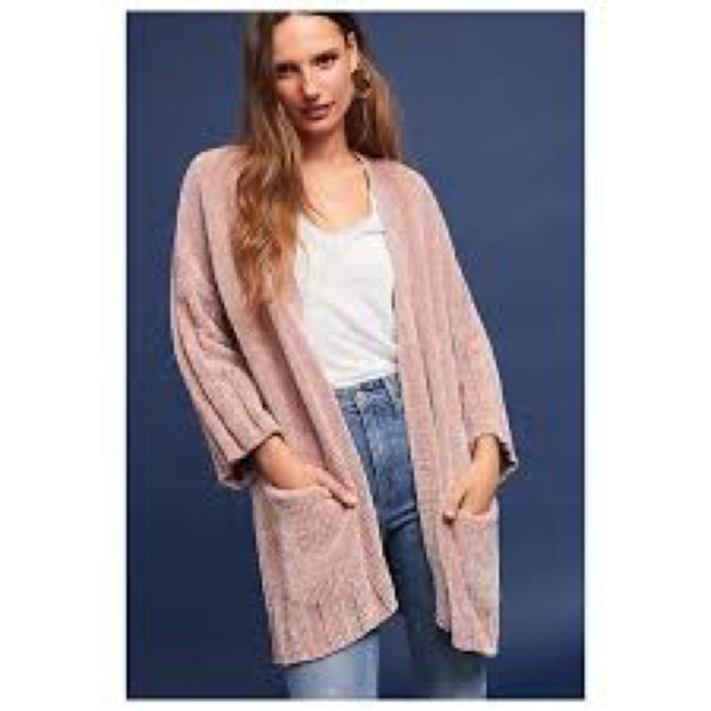Moth by Anthropologie Argyle/Chenille Blush Pink Open-Front Cardigan